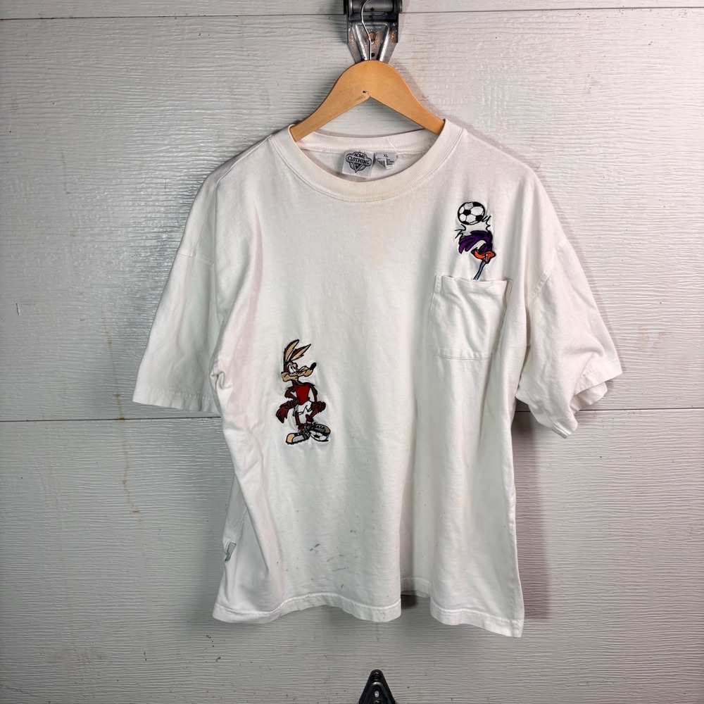 Vintage 90s ACME Looney Tunes Soccer T Shirt XL Embroidered Pocket Tee